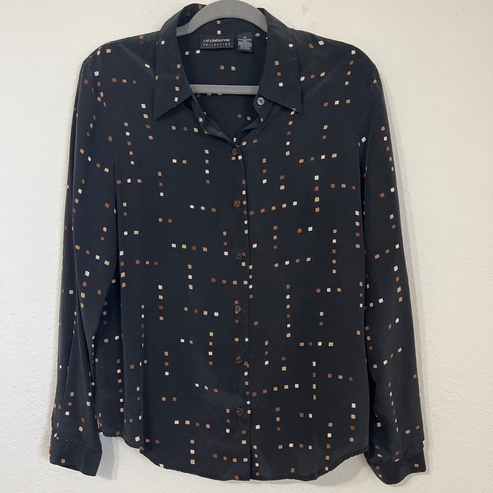 Liz Claiborne 100% Silk Blouse Size 12 Black Button Front Long Sleeve Top
